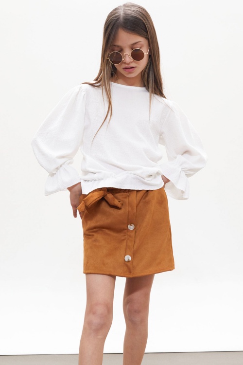 Taba Süet Etekli Uzun Kollu Bluzlu Kız Çocuk Takım 18264