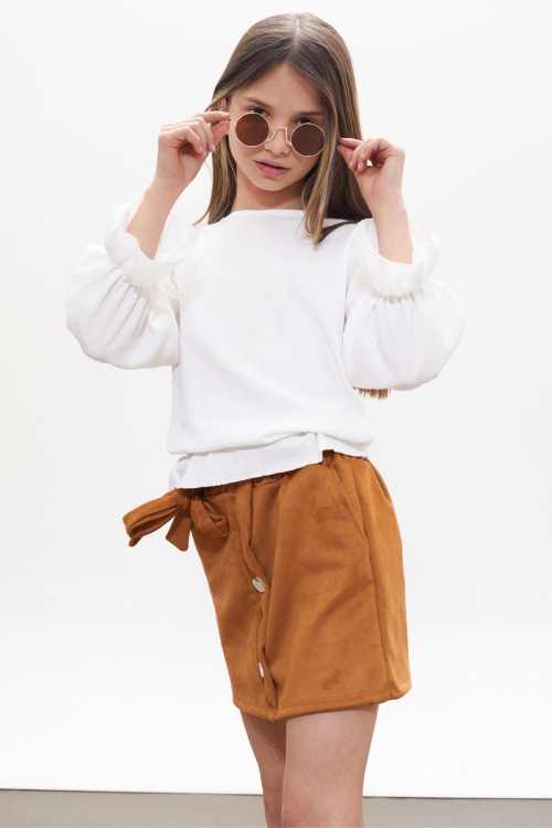 Taba Süet Etekli Uzun Kollu Bluzlu Kız Çocuk Takım 18264