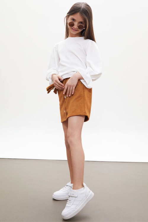 Taba Süet Etekli Uzun Kollu Bluzlu Kız Çocuk Takım 18264