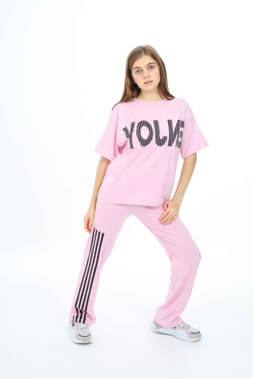 Toz Pembe Enjoy Yazılı Şeritli Kız Çocuk Takım 18706