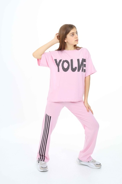 Toz Pembe Enjoy Yazılı Şeritli Kız Çocuk Takım 18706