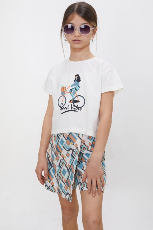 Turkuaz Desenli Şort Etekli Tişörtlü Kız Çocuk Takım 18475