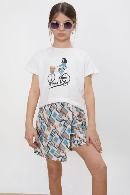 Turkuaz Desenli Şort Etekli Tişörtlü Kız Çocuk Takım 18475