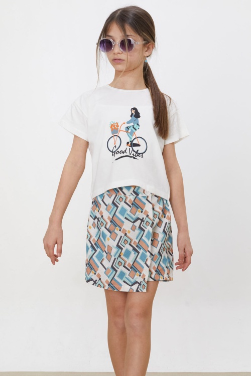 Turkuaz Desenli Şort Etekli Tişörtlü Kız Çocuk Takım 18475