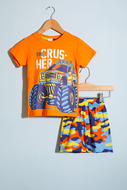Turuncu Canavar Kamyon Baskılı Erkek Çocuk Şortlu Tişörtlü Takım 18662