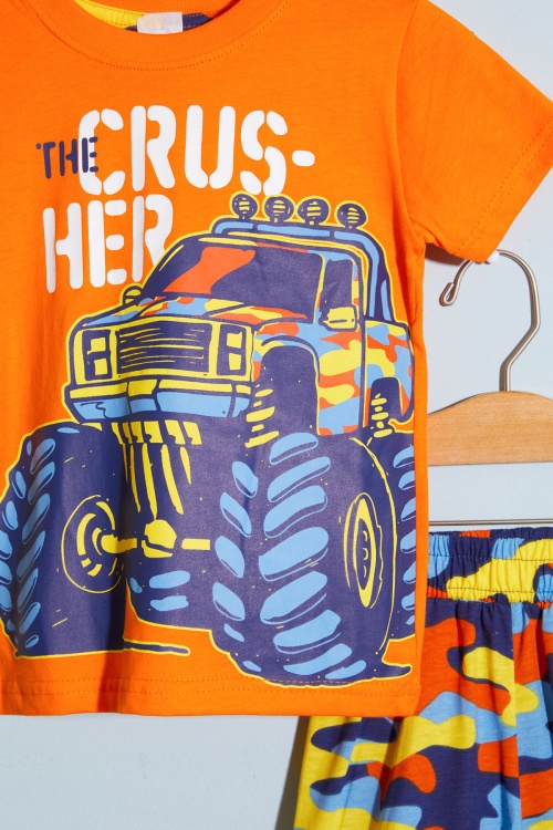 Turuncu Canavar Kamyon Baskılı Erkek Çocuk Şortlu Tişörtlü Takım 18662