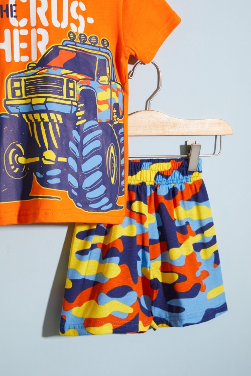 Turuncu Canavar Kamyon Baskılı Erkek Çocuk Şortlu Tişörtlü Takım 18662