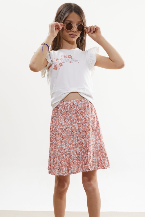 Turuncu Çiçek Desenli Etekli Baskılı Tişörtlü Kız Çocuk Takım 18507