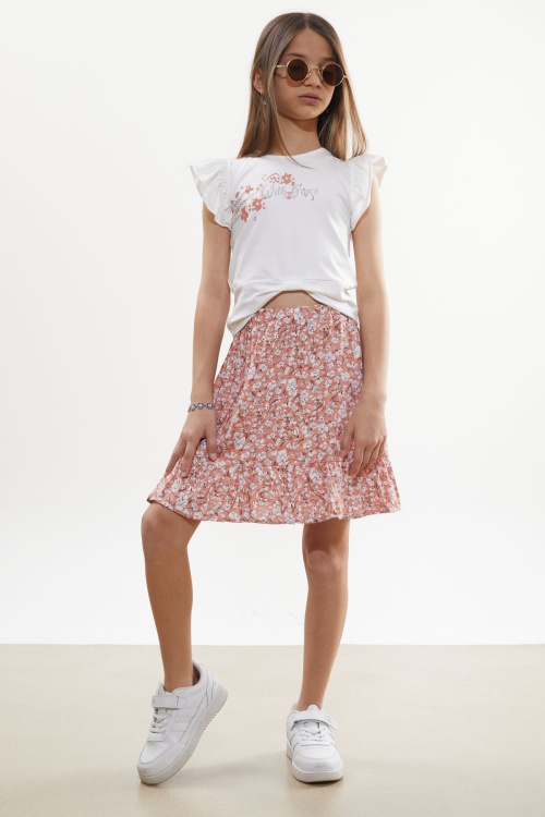 Turuncu Çiçek Desenli Etekli Baskılı Tişörtlü Kız Çocuk Takım 18507