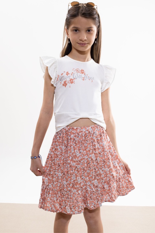 Turuncu Çiçek Desenli Etekli Baskılı Tişörtlü Kız Çocuk Takım 18507
