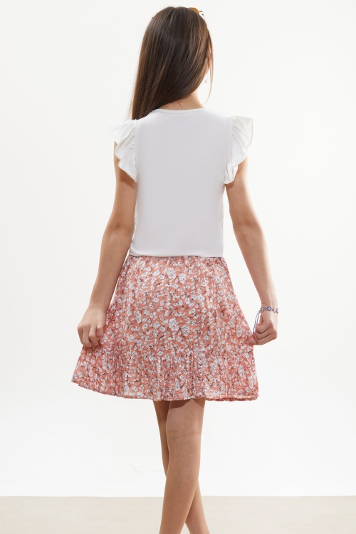 Turuncu Çiçek Desenli Etekli Baskılı Tişörtlü Kız Çocuk Takım 18507