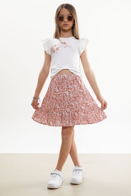 Turuncu Çiçek Desenli Etekli Baskılı Tişörtlü Kız Çocuk Takım 18507