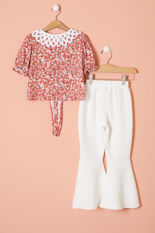 Turuncu Çiçek Desenli Fularlı Bluzlu Kız Çocuk İspanyol Pantolonlu Takım 18463