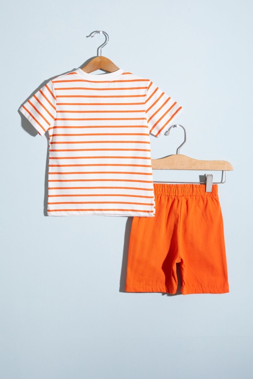 Turuncu Çizgili Düğmeli Tişörtlü Erkek Bebek Şortlu Takım 18528