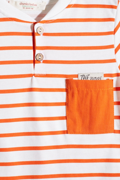 Turuncu Çizgili Düğmeli Tişörtlü Erkek Bebek Şortlu Takım 18528