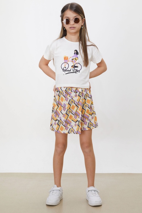 Turuncu Desenli Şort Etekli Tişörtlü Kız Çocuk Takım 18473