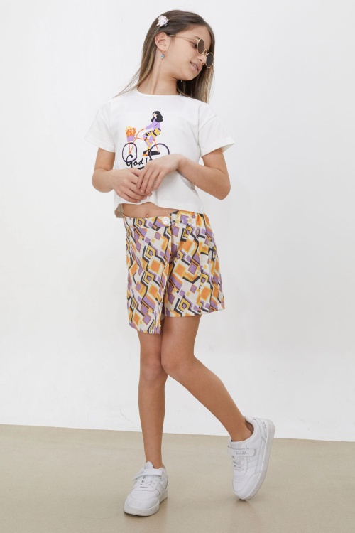 Turuncu Desenli Şort Etekli Tişörtlü Kız Çocuk Takım 18473