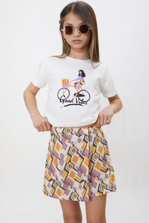 Turuncu Desenli Şort Etekli Tişörtlü Kız Çocuk Takım 18473