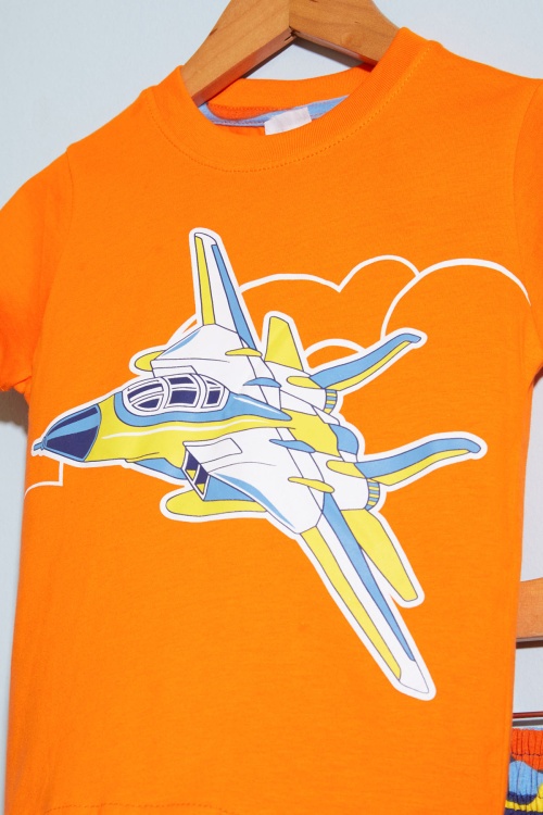 Turuncu Uçak Baskılı Erkek Çocuk Şortlu Tişörtlü Takım 18659