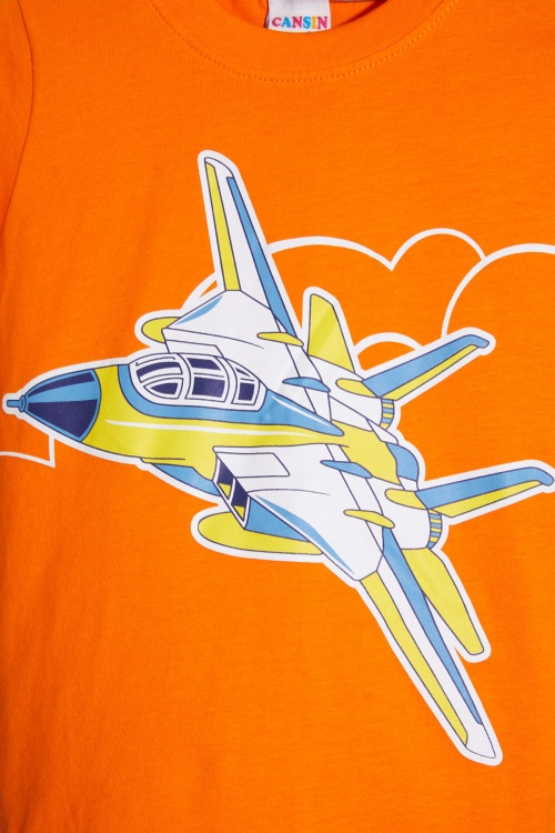 Turuncu Uçak Baskılı Erkek Çocuk Şortlu Tişörtlü Takım 18659