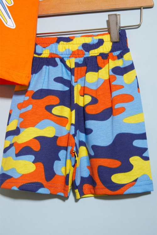 Turuncu Uçak Baskılı Erkek Çocuk Şortlu Tişörtlü Takım 18659