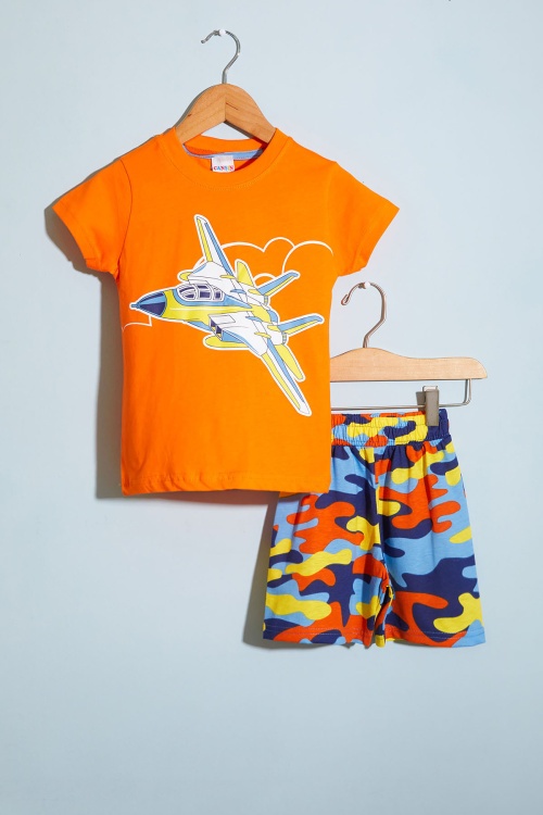 Turuncu Uçak Baskılı Erkek Çocuk Şortlu Tişörtlü Takım 18659