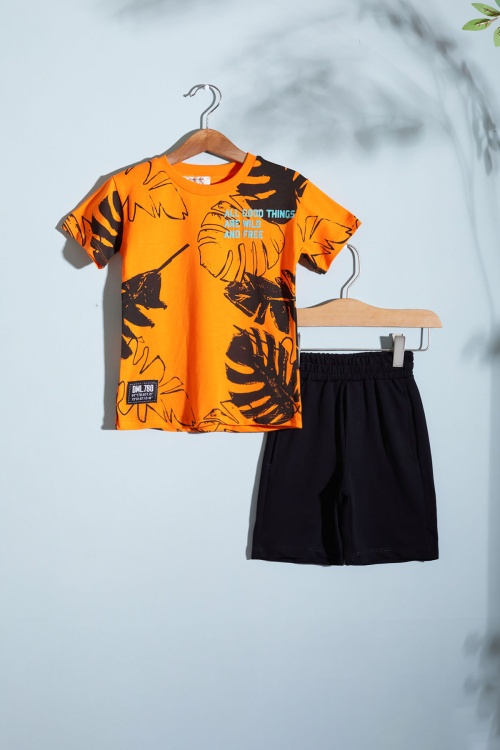Turuncu Yaprak Baskılı Erkek Çocuk Şortlu Takım 18533