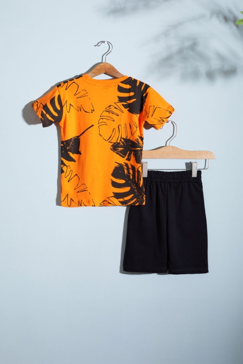 Turuncu Yaprak Baskılı Erkek Çocuk Şortlu Takım 18533