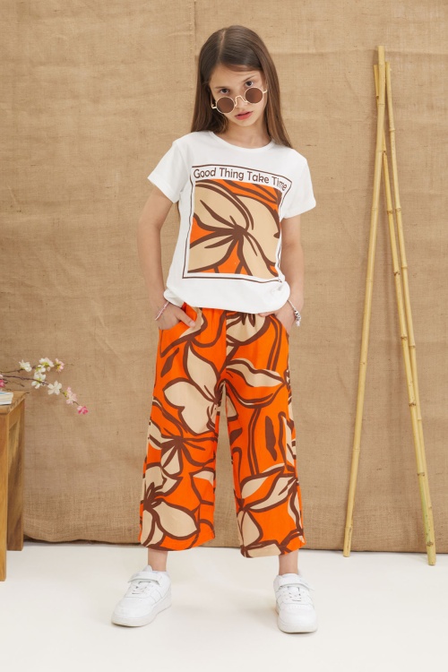 Turuncu Yaprak Baskılı Tişörtlü Pantolonlu Kız Çocuk Alt Üst Takım 18642
