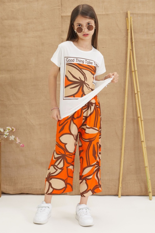 Turuncu Yaprak Baskılı Tişörtlü Pantolonlu Kız Çocuk Alt Üst Takım 18642