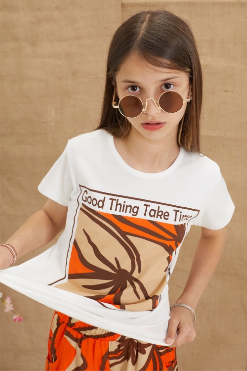 Turuncu Yaprak Baskılı Tişörtlü Pantolonlu Kız Çocuk Alt Üst Takım 18642