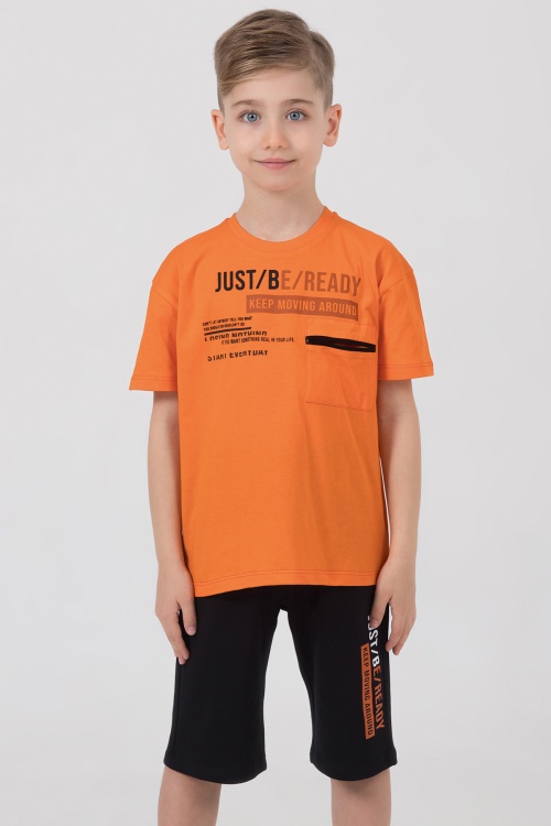 Turuncu Yazı Baskılı Göğüs Cepli Erkek Çocuk Şortlu Takım 18618