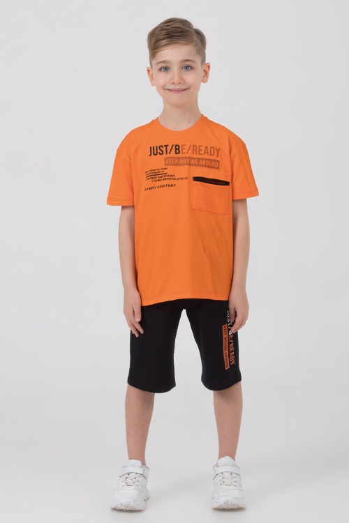 Turuncu Yazı Baskılı Göğüs Cepli Erkek Çocuk Şortlu Takım 18618