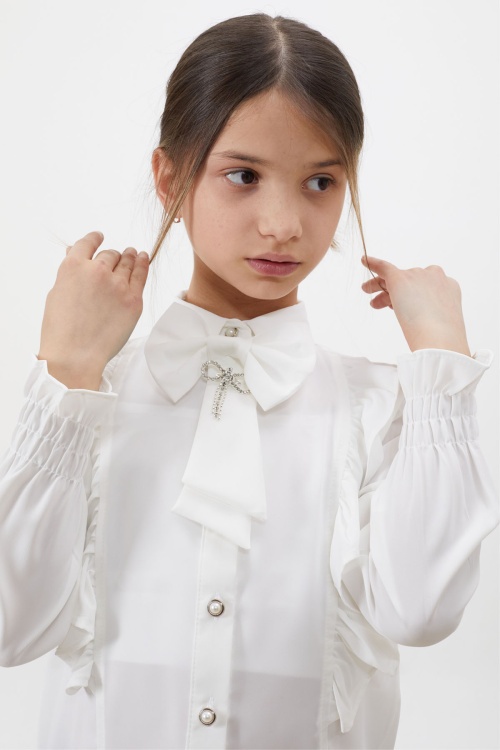 Yakası Fiyonklu Düğmeli Kız Çocuk Beyaz Gömlek 18454