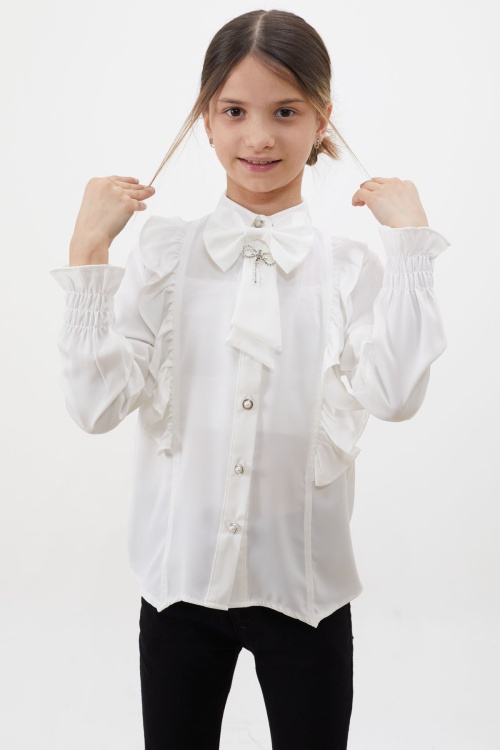 Yakası Fiyonklu Düğmeli Kız Çocuk Beyaz Gömlek 18454