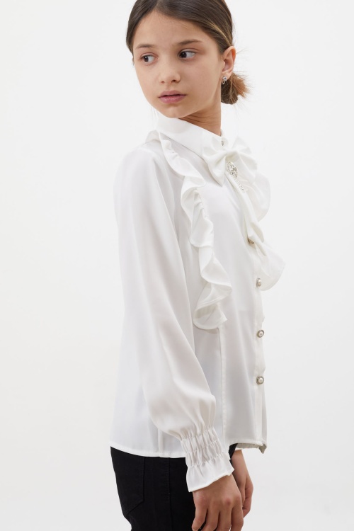 Yakası Fiyonklu Düğmeli Kız Çocuk Beyaz Gömlek 18454