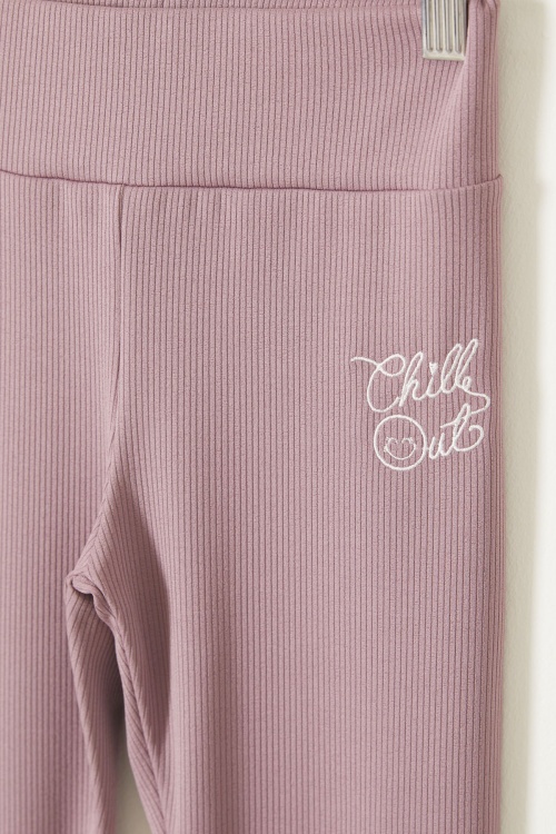 Yazı Nakışlı Kız Çocuk Yüksek Bel Fitilli 2li Tayt Siyah-Gül Kurusu 18083