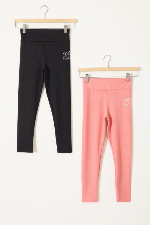 Yazı Nakışlı Kız Çocuk Yüksek Bel Fitilli 2li Tayt Siyah-Somon 18084
