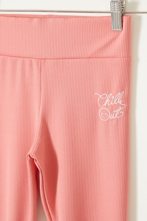 Yazı Nakışlı Kız Çocuk Yüksek Bel Fitilli 2li Tayt Siyah-Somon 18084