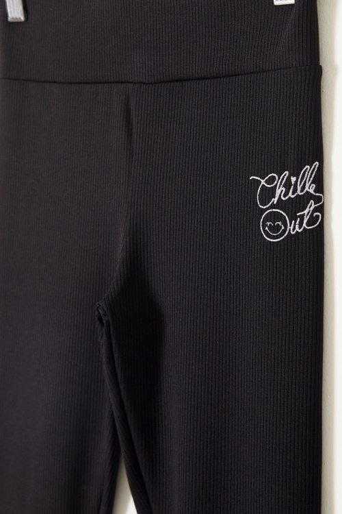 Yazı Nakışlı Kız Çocuk Yüksek Bel Fitilli 2li Tayt Siyah-Somon 18084