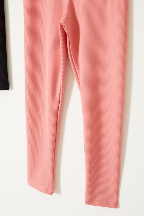 Yazı Nakışlı Kız Çocuk Yüksek Bel Fitilli 2li Tayt Siyah-Somon 18084