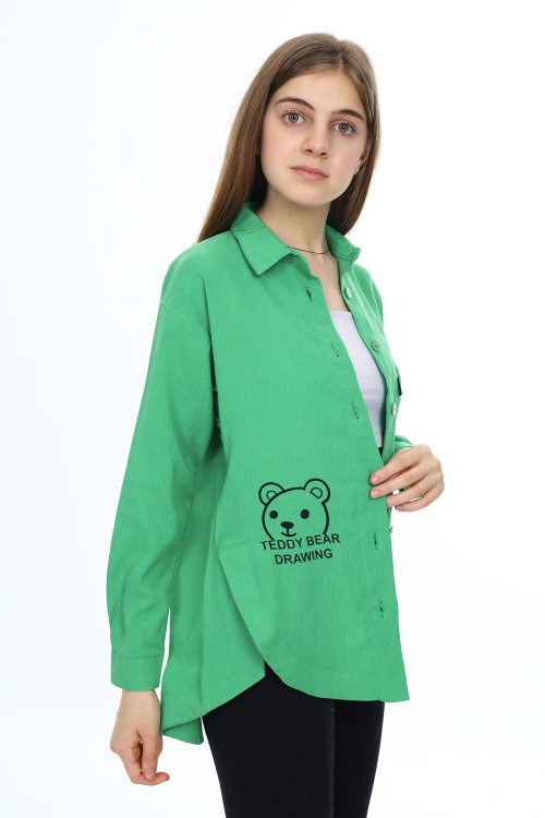 Yeşil Ayıcık Baskılı Yırtmaçlı Kız Çocuk Düğmeli Gömlek 18416