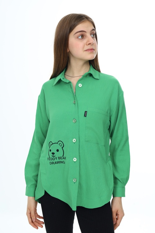 Yeşil Ayıcık Baskılı Yırtmaçlı Kız Çocuk Düğmeli Gömlek 18416