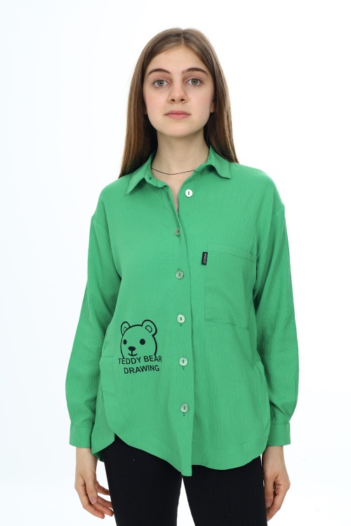 Yeşil Ayıcık Baskılı Yırtmaçlı Kız Çocuk Düğmeli Gömlek 18416