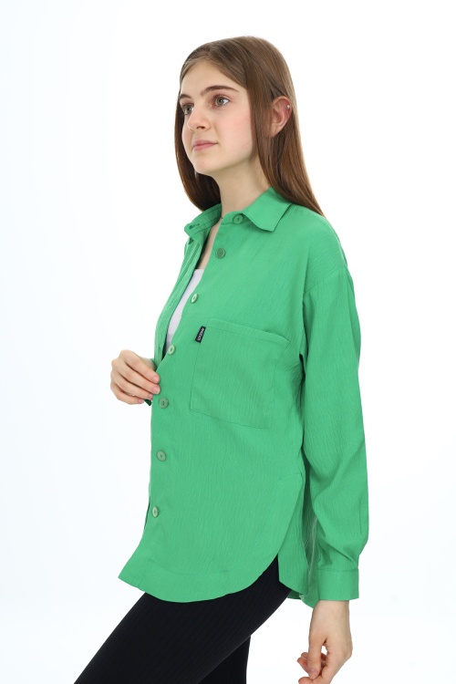 Yeşil Ayıcık Baskılı Yırtmaçlı Kız Çocuk Düğmeli Gömlek 18416