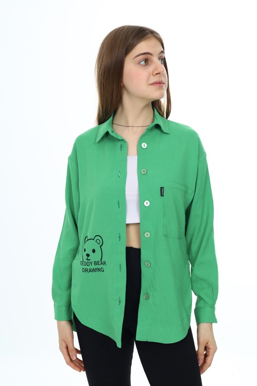 Yeşil Ayıcık Baskılı Yırtmaçlı Kız Çocuk Düğmeli Gömlek 18416
