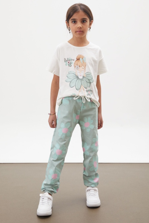 Yeşil Balerin Baskılı Simli Tişörtlü Kız Çocuk Takım 18016
