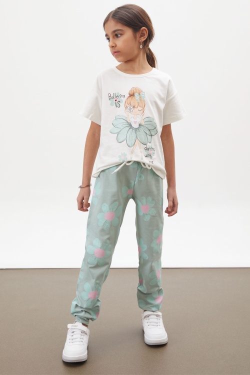 Yeşil Balerin Baskılı Simli Tişörtlü Kız Çocuk Takım 18016