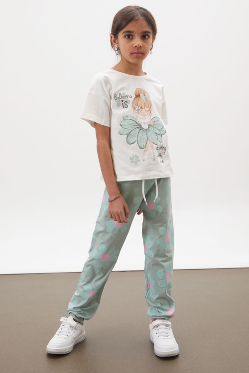 Yeşil Balerin Baskılı Simli Tişörtlü Kız Çocuk Takım 18016