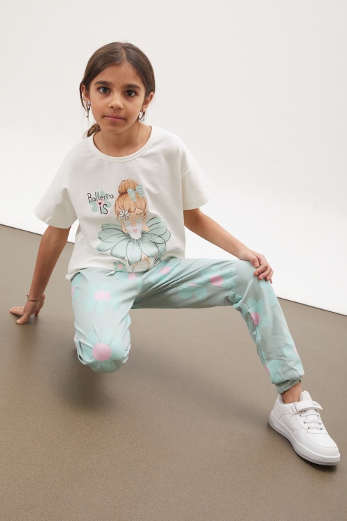 Yeşil Balerin Baskılı Simli Tişörtlü Kız Çocuk Takım 18016